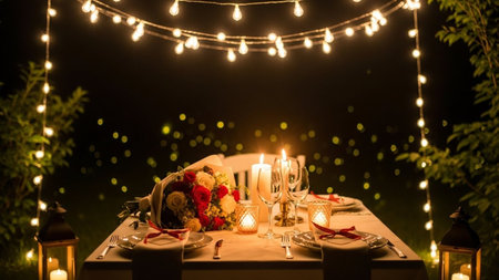 Beautiful table setting for a romantic dinner in the gardenrated with candles and flowers.の素材