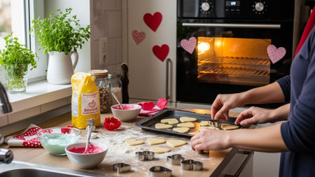 cropped shot of woman cooking heart shaped cookies in kitchen at homeの素材
