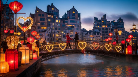 Romantic couple in Paris, France. Beautiful romantic cityscape of Paris at dusk.の素材