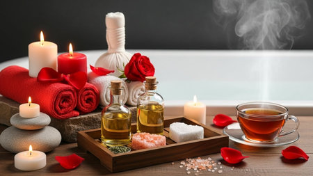 Spa still life with hot tea, rose petals and candles on wooden tableの素材