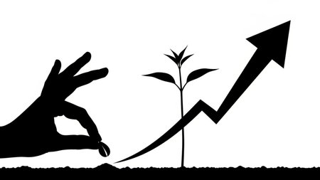 Concept of growth with hand and growing plant. Vector illustration.の素材