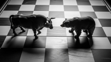 Black and white image of bull and bear on the chessboard.の素材