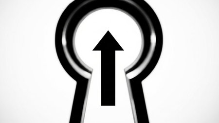 A black arrow pointing up through a keyhole in a white backgroundの素材
