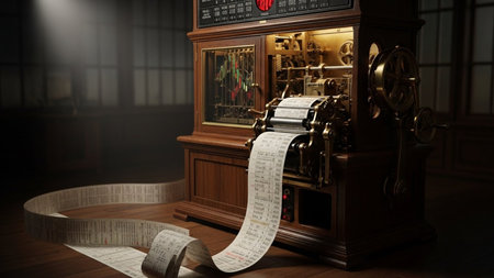 Old fashioned wooden cash register with a receipt. 3d illustration.の素材