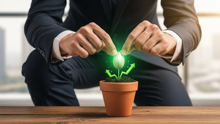 Businessman planting green plant in pot with growing arrow. Business growth conceptの素材
