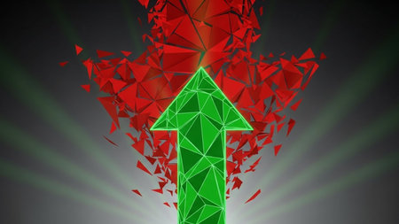 3d rendering of abstract geometric shapes in low poly style with green arrowの素材
