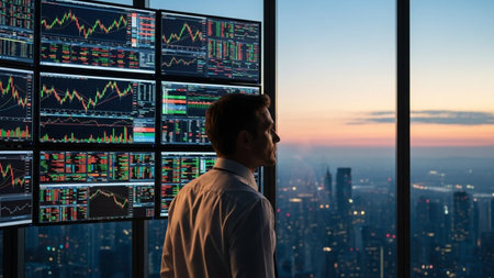 Businessman looking at financial data on the window with cityscape backgroundの素材