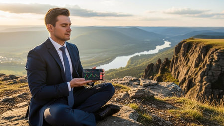 Handsome businessman sitting on the top of a mountain and using a tablet.の素材