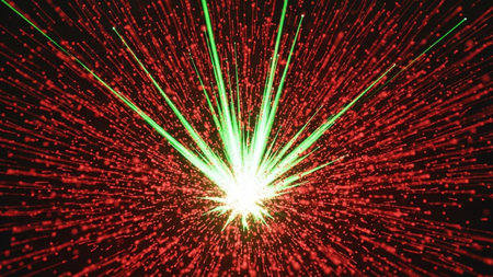 Fractal 3d illustration of red and green glowing particles. Abstract backgroundの素材