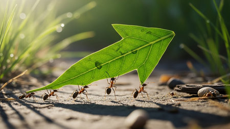 Ants on a green leaf. The concept of teamwork and leadership.の素材