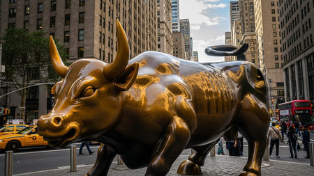 Sculpture of a bull on the streets of New York Cityの素材