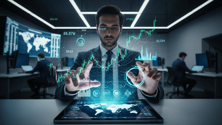 Businessman working with virtual panel of forex chart and world mapの素材