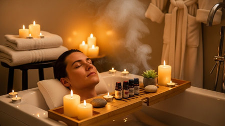 Young man relaxing in spa salon. He is enjoying aroma therapy.の素材