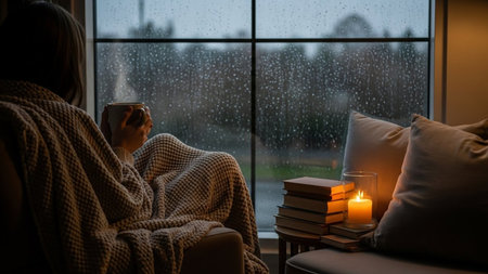 Sick woman wrapped in a warm blanket sitting on a sofa at home by the window and reading a book.の素材