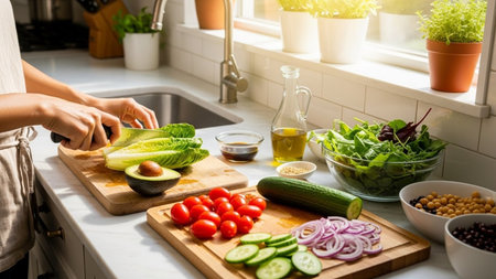 Close-up of woman cutting avocado on wooden board in kitchen at homeの素材