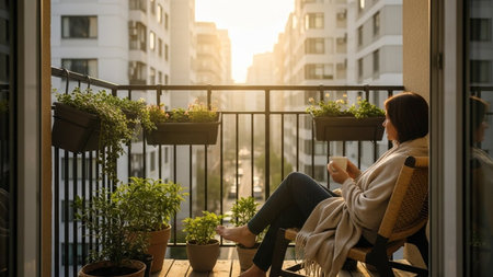 Woman sitting on the balcony with a cup of coffee and looking at the sunsetの素材