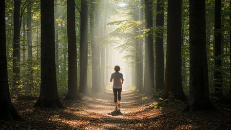 Athletic young woman running in a forest at sunrise.の素材