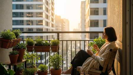 Woman sitting on the balcony with a cup of coffee in her handsの素材