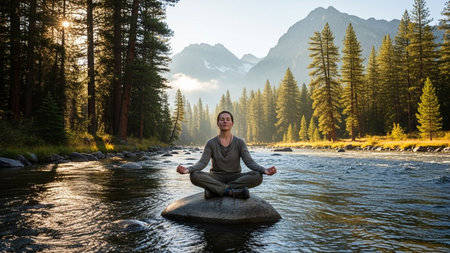 Yoga woman meditating on a rock in the middle of a mountain riverの素材