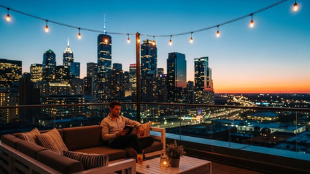 Man reading a book on a balcony in New York City at sunsetの素材
