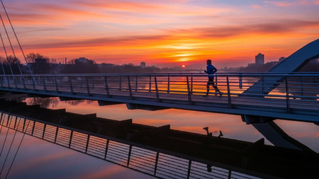 Man jogging on the bridge over the river at sunset, active lifestyleの素材