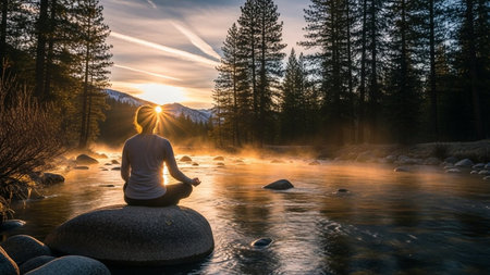 Woman practicing yoga on a rock in the middle of a river during sunset.の素材