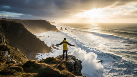 Man standing on the edge of a cliff and looking at the oceanの素材
