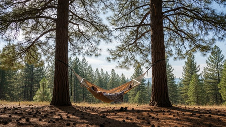 Hammock in a pine forest, 3d render, horizontalの素材
