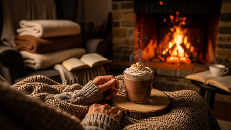 Woman with a cup of hot chocolate at home in front of the fireplaceの素材