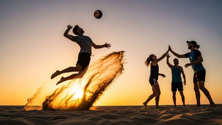Group of young people playing beach volleyball on the beach at sunset.の素材