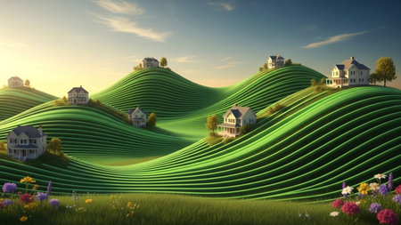 3D render of a house surrounded by green hills and blue skyの素材