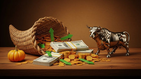 Coins, money and bull on a wooden table. 3d illustrationの素材
