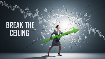 Young businesswoman with green arrow pointing at BREAK THE CLEARING inscription, successful business conceptの素材