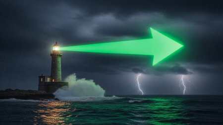 Lighthouse with green arrow in stormy sea. 3D renderingの素材