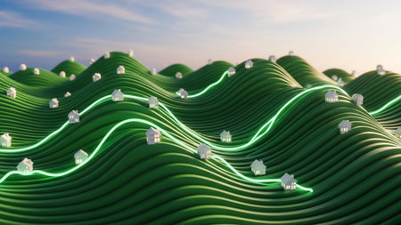 3D render of a green wavy background with white houses.の素材