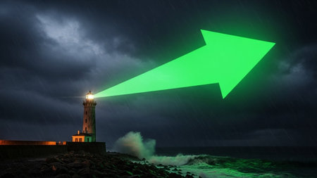 Lighthouse at night with green arrow pointing to it. 3D renderingの素材