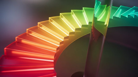 3d rendering of colorful spiral staircase in dark room. Abstract backgroundの素材