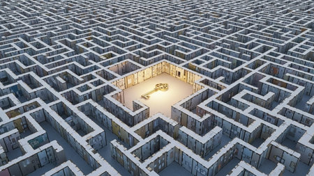 3d render of a maze with a key in the middle.の素材