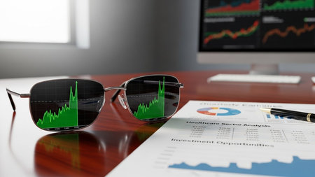 Businessman's glasses with stock market chart. 3d rendering.の素材