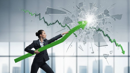 Young determined businesswoman with green growing arrow in hands. Mixed mediaの素材