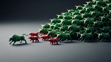 Bulls and bulls in a row. Conceptual image of bull market.の素材