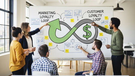 Business people working on whiteboard in office with business icons on itの素材