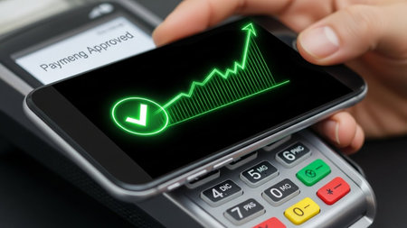 Payment terminal with check mark and mobile phone on the screen.の素材