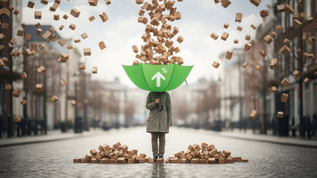 Little boy in raincoat with green umbrella and flying wooden cubes on his headの素材