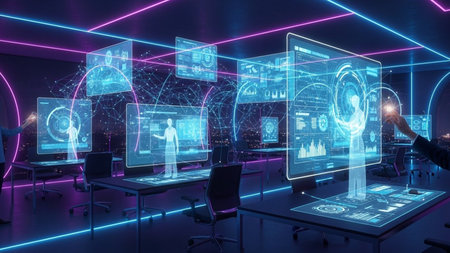 Modern office interior with blue glowing hologram screens. 3D Renderingの素材