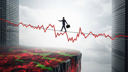 Businessman walking on tightrope against high angle view of skyscraperの素材