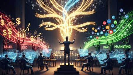 Conceptual image with businessman standing in front of glowing charts and diagramsの素材