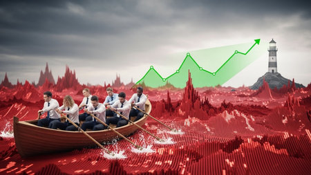 Business people rowing boat against red cityscape with lighthouse and lighthouseの素材