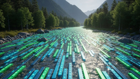 Futuristic digital landscape of alpine stream with green and blue binary codeの素材