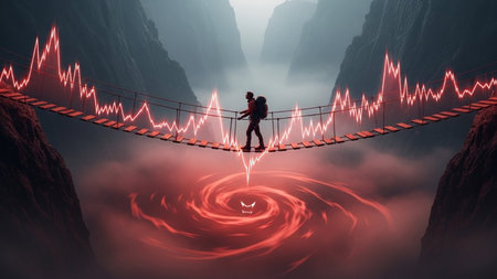 Man walking on a rope bridge over a precipice. 3D Renderingの素材